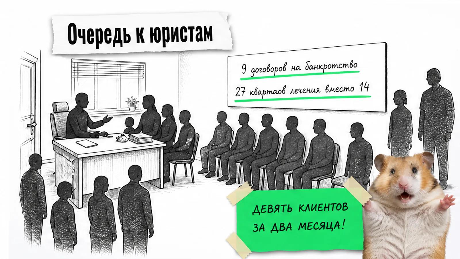 Тот же кабинет юристов полон людей, на карточке 9 договоров, рядом хомяк с поднятыми лапами